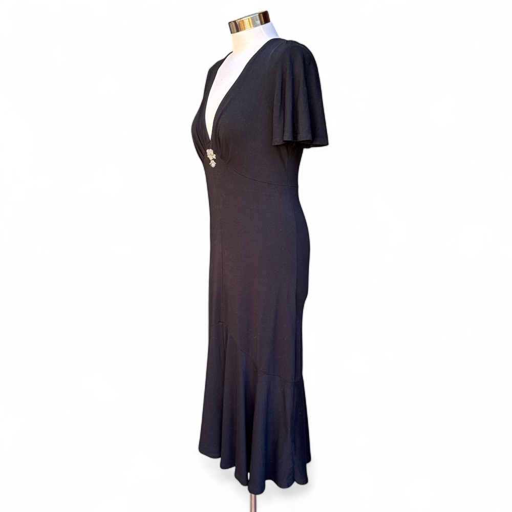 VINTAGE Y2K FREE PEOPLE DEEP V FLUTTER SLEEVE BLACK MIDI DRESS BOHO FAIRYCORE - Picture 7 of 14